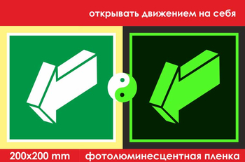 E19 открывать движением на себя (фотолюминесцентная пленка, 200х200 мм) - Знаки безопасности - Эвакуационные знаки - магазин "Охрана труда и Техника безопасности"